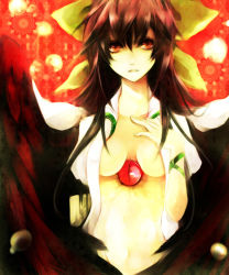 Rule 34 | 1girl, apt, bad id, bad pixiv id, bow, breasts, brown hair, female focus, hair bow, hand on another&#039;s chest, hand on own chest, open clothes, open shirt, red eyes, reiuji utsuho, shirt, solo, touhou, ut (apt), wings
