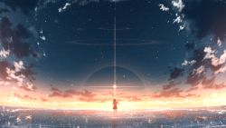 Rule 34 | 1girl, cloud, facing back, highres, horizon, instrument, lens flare, original, reflection, ripples, rune xiao, scenery, skirt, sky, solo, standing, star (sky), starry sky, sunset, water, water world