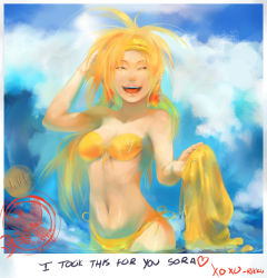 Rule 34 | 00s, 1girl, bad id, bad pixiv id, bandeau, bikini, blonde hair, breasts, cleavage, closed eyes, clothing cutout, english text, final fantasy, final fantasy x, final fantasy x-2, front-tie top, kingdom hearts, lips, long hair, navel cutout, open mouth, overlord jc, partially submerged, photo (object), postage stamp, rikku (ff10), sarong, side-tie bikini bottom, solo, swimsuit, text focus, unworn sarong, water, waves, yellow bikini