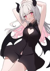 Rule 34 | 1girl, armpits, arms behind head, arms up, bare arms, bare shoulders, black dress, black panties, black wings, breasts, cleavage cutout, closed mouth, clothing cutout, commentary, demon girl, demon horns, demon wings, dress, english commentary, gluteal fold, grey hair, head tilt, heart cutout, highres, hitsukuya, horns, long hair, looking at viewer, multicolored hair, original, panties, pink hair, red eyes, simple background, sleeveless, sleeveless dress, small breasts, smile, solo, thigh gap, two-tone hair, underwear, very long hair, white background, wings