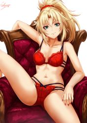 Rule 34 | 1girl, arm rest, blonde hair, bra, breasts, chair, collarbone, commentary request, earrings, fate/grand order, fate (series), green eyes, hair ornament, highres, jewelry, knee up, long hair, looking at viewer, mordred (fate), mordred (fate/apocrypha), multi-strapped bra, multi-strapped panties, nail art, nail polish, navel, panties, parted bangs, ponytail, red bra, red nails, red panties, ribbon-trimmed panties, sakiyamama, sidelocks, signature, simple background, skindentation, sleeve cuffs, small breasts, solo, spread legs, stomach, underwear, white background