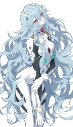 Rule 34 | 1girl, ayanami rei, bare shoulders, blue hair, collarbone, covered collarbone, evangelion: 3.0+1.0 thrice upon a time, eyelashes, grey background, hair between eyes, hand on own arm, highres, inuyama (inuhill), long eyelashes, long hair, looking at viewer, messy hair, neon genesis evangelion, parted lips, pink eyes, plugsuit, rebuild of evangelion, simple background, sketch, solo, very long hair