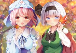 Rule 34 | 2girls, black bow, black bowtie, black hairband, blue eyes, blue headwear, blue kimono, bow, bowtie, breasts, closed mouth, collarbone, grey hair, hairband, hat, highres, holding, holding leaf, japanese clothes, kimono, konpaku youmu, large breasts, leaf, light particles, looking at viewer, maple leaf, medium breasts, mob cap, multiple girls, open mouth, outdoors, pink hair, red eyes, saigyouji yuyuko, shirotsuki shirone, short hair, smile, touhou, triangular headpiece, upper body
