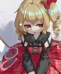 Rule 34 | 1girl, alternate costume, blonde hair, bow, close-up, collared dress, commentary, cross-laced clothes, crystal, detached sleeves, dress, dress bow, drill hair, eyebrows hidden by hair, flandre scarlet, floral print, frilled bow, frilled shirt collar, frills, gem, glowing, glowing wings, hair bow, half-closed eyes, heart, lace, lace-trimmed skirt, lace trim, lolita fashion, long sleeves, looking away, looking to the side, no headwear, no pupils, on floor, open mouth, pale skin, pearl (gemstone), pearl hair ornament, ponytail, red bow, red dress, red eyes, red ribbon, ribbon, side ponytail, sidelocks, skirt, sleeve ribbon, solo, tile floor, tiles, touhou, wings, zakozako y