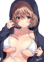 Rule 34 | 1girl, bikini, blush, breasts, brown hair, cleavage, closed mouth, collarbone, commentary request, front-tie bikini top, front-tie top, green eyes, hood, hoodie, large breasts, looking at viewer, mataro (matarou), mole, mole on breast, open clothes, open hoodie, original, short hair, signature, simple background, solo, swimsuit, untied bikini, white background, white bikini