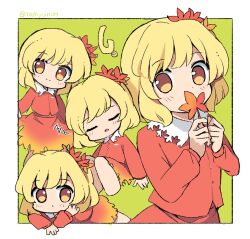Rule 34 | 1girl, aki shizuha, blonde hair, buttons, closed eyes, closed mouth, collared shirt, highres, holding, holding leaf, leaf, leaf on head, maple leaf, multiple views, open mouth, ramudia (lamyun), red shirt, red skirt, shirt, short hair, skirt, smile, touhou, yellow eyes