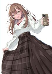Rule 34 | 1girl, absurdres, ahoge, belt, berry, black choker, brown eyes, brown hair, brown skirt, cellphone, character sticker, choker, earrings, food-themed earrings, friend (nanashi mumei), from below, glasses, highres, himeliofon, holding, holding clothes, holding skirt, hololive, hololive english, hootsie (nanashi mumei), jewelry, long hair, long skirt, looking at viewer, multicolored hair, nanashi mumei, nanashi mumei (casual), necklace, official alternate costume, phone, plaid, plaid skirt, pleated skirt, red shirt, round eyewear, runes, shirt, skirt, smartphone, smile, streaked hair, sweater, virtual youtuber, white sweater