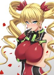 Rule 34 | 10s, 1girl, bare shoulders, blonde hair, blue eyes, blush, breasts, claire harvey, drill hair, earrings, gloves, hundred (light novel), impossible clothes, jewelry, large breasts, leotard, long hair, looking at viewer, namakemono (u446644k), pout, solo, twin drills