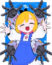Rule 34 | 1girl, :d, apron, asymmetrical bangs, black bow, blonde hair, blue apron, blue background, blush, border, bow, child, closed eyes, dress, extra arms, frills, hair bow, highres, iwako (eiken3kyuboy), mechanical arms, open mouth, original, outside border, outstretched arms, palms, puffy sleeves, reaching, reaching towards viewer, round teeth, short eyebrows, smile, solo, teeth, twitter username, white border, white dress