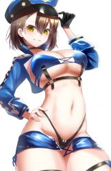 Rule 34 | 1girl, arm up, azur lane, baltimore (azur lane), baltimore (finish line flagbearer) (azur lane), bikini, black bikini, black gloves, blue bikini, blue hat, blue jacket, braid, breasts, brown hair, cleavage, commentary, cowboy shot, cropped jacket, french braid, gloves, grin, groin, hair between eyes, hand on own hip, hat, highleg, highleg bikini, jacket, large breasts, looking at viewer, mismatched bikini, navel, o-ring, o-ring bikini, oboenikui namae, official alternate costume, open clothes, open jacket, peaked cap, race queen, short hair, sidelocks, simple background, single glove, skindentation, smile, solo, standing, stomach, swimsuit, teeth, thigh strap, underboob, white background, yellow eyes