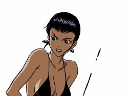 Rule 34 | 1girl, animated, bouncing breasts, breasts, clenched teeth, cowboy bebop, dress, earrings, third-party edit, faye valentine, jewelry, lipstick, lowres, makeup, nipples, purple hair, solo, teeth, third-party edit, upper body, wardrobe malfunction