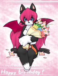 Rule 34 | 1girl, animal ear fluff, animal ears, animal feet, animal hands, animal nose, black fur, blue eyes, blue flower, blush, body fur, bouquet, breasts, cat ears, cat girl, cat tail, character request, closed mouth, crossed arms, demon wings, english text, feet, female focus, flower, forked tail, full body, furry, furry female, hair between eyes, handymonsters, happy, happy birthday, highres, holding, holding bouquet, kame (3t), legs, legs together, long hair, looking at viewer, neck fur, no nipples, petals, pink background, pink flower, pink hair, red flower, red wings, sidelocks, sitting, small breasts, smile, solo, straight-on, tail, two-tone fur, white fur, wings, yellow flower