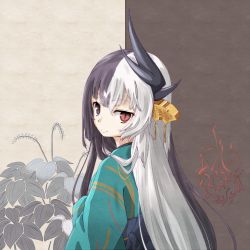 Rule 34 | 1girl, black hair, fate/grand order, fate (series), heterochromia, highres, horns, japanese clothes, kimono, kiyohime (fate), looking at viewer, single horn, slit pupils, white hair