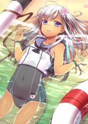 Rule 34 | 10s, 1girl, bad id, bad pixiv id, beach, blue eyes, breasts, clothes writing, collarbone, covered navel, crop top, flower, hair flower, hair ornament, highres, japanese flag, kantai collection, lifebuoy, long hair, lying, one-piece swimsuit, one-piece tan, open mouth, outdoors, partially submerged, ro-500 (kancolle), round teeth, sailor collar, school swimsuit, silver hair, sleeveless, small breasts, solo, swim ring, swimsuit, swimsuit under clothes, tan, tanline, teeth, tiha, torpedo, water
