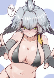 Rule 34 | 10s, 1girl, alternate breast size, bikini, blush, breasts, collarbone, detached sleeves, english text, fingerless gloves, gloves, grey hair, hair between eyes, hair wings, highres, incoming hug, kemono friends, large breasts, multicolored hair, navel, shoebill (kemono friends), simple background, solo, speech bubble, swimsuit, wo jianqiang fu guo, yellow eyes