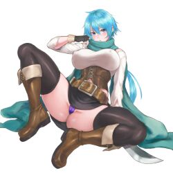 Rule 34 | 1girl, ass, belt, blue eyes, blue hair, blush, boots, breasts, cameltoe, character request, cleft of venus, corset, fingerless gloves, gloves, large breasts, mikanntter, panties, purple panties, scarf, shirt, short hair, sitting, skirt, thighhighs, underwear