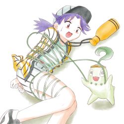 Rule 34 | 1girl, ass, baseball cap, blush, casey (pokemon), chikorita, clumsy, creatures (company), game freak, gen 2 pokemon, hat, headband, highres, jersey, nintendo, open mouth, plant, pokemon, pokemon (anime), pokemon (classic anime), pokemon (creature), purple hair, red eyes, restrained, shoes, shorts, sneakers, striped clothes, striped shorts, twintails, vines