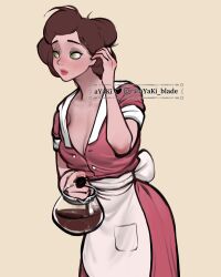 Rule 34 | 1girl, annie hughes, apron, artist name, ayaki blade, blush, breasts, brown hair, cleavage, dress, green eyes, highres, holding coffee pot, instagram username, large breasts, mature female, original, parted lips, pink dress, simple background, solo, the iron giant, twitter username, white apron, yellow background