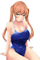 Rule 34 | 1girl, absurdres, arm support, bare arms, bare legs, blue one-piece swimsuit, blush, breasts, brown hair, cleavage, closed mouth, collarbone, covered navel, feet out of frame, highres, large breasts, legs together, long hair, looking at viewer, one-piece swimsuit, original, school swimsuit, simple background, sitting, smile, solo, swimsuit, terakoya, twintails, white background, yellow eyes