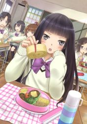 Rule 34 | 5girls, bento, black hair, blunt bangs, chopsticks, classroom, dutch angle, feeding, food, head rest, highres, incoming food, indoors, long hair, looking at viewer, multiple girls, omelet, open mouth, original, pov feeding, religious offering, school, school uniform, sitting, solo focus, sweater, taka (tsmix), tamagoyaki, thermos, tomato
