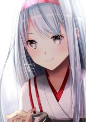 Rule 34 | 1girl, brown eyes, hairband, highres, japanese clothes, kantai collection, kimura shiki, long hair, muneate, red hairband, shoukaku (kancolle), simple background, smile, solo, translation request, upper body, white background, white hair