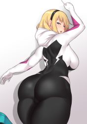 Rule 34 | 1girl, animification, arms up, ass, aster crowley, backboob, blonde hair, blue eyes, blush, bodysuit, breasts, eyebrow piercing, hairband, highres, hood, hooded bodysuit, large breasts, leg up, looking at viewer, looking back, looking up, marvel, open mouth, outstretched arm, piercing, short hair, simple background, skin tight, solo, spider-gwen, spider-man: into the spider-verse, spider-man (series), spider-verse, white background