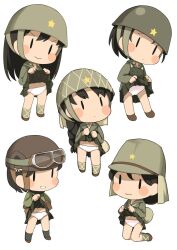 Rule 34 | 5girls, :&gt;, :3, black hair, braid, chibi, clothes lift, fairy (kancolle), goggles, goggles on headwear, green headwear, hat, helmet, kantai collection, kneeling, lifting own clothes, long hair, long sleeves, military, military uniform, multiple girls, nassukun, panties, short hair, simple background, skirt, skirt lift, smile, socks, standing, star (symbol), underwear, uniform, white background, white panties