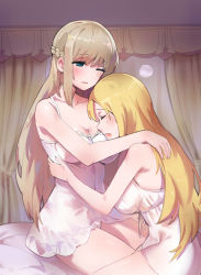 Rule 34 | 2girls, absurdres, alternate costume, bare shoulders, blonde hair, braid, breasts, brown hair, cleavage, commentary request, dress, closed eyes, french braid, gown, hair ornament, hairclip, highres, large breasts, lexington (warship girls r), long hair, multiple girls, one eye closed, saratoga (warship girls r), very long hair, warship girls r, yuri, ze (wzfnn001)