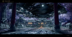 Rule 34 | architecture, bad id, bad pixiv id, black sky, bonfire, box, building, cherry blossoms, cloud, commentary request, copyright name, dark, donation box, east asian architecture, fire, full moon, gensokyo, hakurei shrine, highres, letterboxed, lfacras, moon, night, night sky, no humans, outdoors, pavement, petals, scenery, shide, shrine, sky, stone walkway, torii, touhou, well, wind