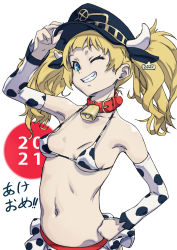 Rule 34 | 1girl, 2021, alternate breast size, animal ears, animal print, arado balanga (xchd7538), arm up, bad id, bad pixiv id, bell, bikini, blonde hair, blue eyes, breasts, chinese zodiac, collar, collarbone, covered erect nipples, cow horns, cow print, cowbell, detached sleeves, ear tag, fake animal ears, hand on headwear, hand on own hip, highres, horns, horns through headwear, large breasts, long hair, medium breasts, monika weisswind, navel, neck bell, one eye closed, red collar, shingeki no bahamut, simple background, skirt, smile, solo, swimsuit, teeth, twintails, white background, white horns, year of the ox