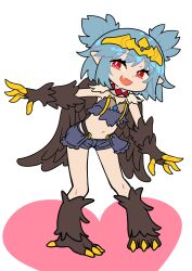 Rule 34 | 1girl, absurdres, bird legs, black feathers, black wings, claws, fang, feathers, flat chest, harpy, heart, highres, indie virtual youtuber, lincoro, midriff, monster girl, navel, open mouth, pointy ears, red eyes, rosia san, short hair, short twintails, simple background, skin fang, solo, talons, tiara, twintails, virtual youtuber, white background, winged arms, wings