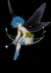 Rule 34 | 1girl, absurdres, antennae, arrow (projectile), arthropod girl, artist name, bare arms, bare legs, barefoot, black background, blue eyes, blue hair, blue skin, bow (weapon), closed mouth, colored skin, commentary, dated, dragonfly girl, dragonfly wings, dress, english commentary, flower, full body, highres, holding, holding arrow, holding bow (weapon), holding weapon, insect wings, looking back, multicolored skin, original, shieriru, short dress, short hair, simple background, single-shoulder dress, single strap, solo, spread wings, transparent wings, two-tone skin, weapon, wings