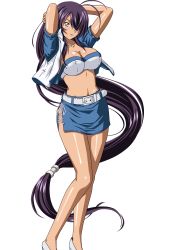 Rule 34 | 00s, 1girl, absurdly long hair, absurdres, arms behind head, black hair, breasts, cleavage, collarbone, grey eyes, hair over one eye, highres, ikkitousen, incredibly absurdres, jacket, kan&#039;u unchou, large breasts, long hair, looking at viewer, low-tied long hair, miniskirt, navel, open clothes, open jacket, shiny skin, simple background, skirt, solo, strapless, very long hair, white background