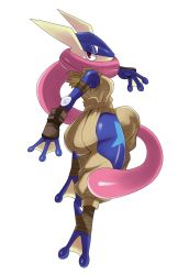 Rule 34 | absurdres, ass, baggy pants, blue skin, breasts, colored skin, cosplay, creatures (company), eric lowery, from behind, game freak, gen 6 pokemon, greninja, half-closed eyes, highres, hip vent, ibuki (cosplay), ibuki (street fighter), ibuki (street fighter) (cosplay), long tongue, medium breasts, ninja, nintendo, no humans, pants, pokemon, pokemon (creature), red eyes, side slit, simple background, solo, street fighter, tongue, tongue out, webbed feet, webbed hands, white background