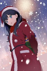 Rule 34 | 1girl, arms behind back, blue eyes, blue hair, blush, building, christmas, dress, fur-trimmed dress, fur trim, gift, gridman universe, hat, highres, holding, holding behind back, holding gift, lensu (lotus36936936), long sleeves, looking at viewer, night, open mouth, outdoors, red dress, red hat, red scarf, santa dress, santa hat, scarf, snowflakes, snowing, solo, ssss.gridman, standing, takarada rikka