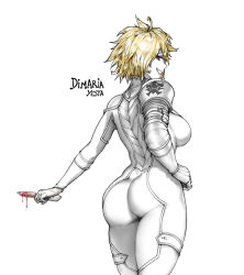 Rule 34 | 1girl, armor, ass, back, blonde hair, blood, bloody weapon, bodysuit, breasts, character name, cowboy shot, dimaria yesta, dripping, eyelashes, fairy tail, from behind, gloves, grin, hand on own hip, highres, holding, holding knife, holding weapon, knife, looking at viewer, looking back, md5 mismatch, medium breasts, pale skin, pauldrons, profile, red eyes, short hair, shoulder armor, simple background, skin tight, smile, solo, strap gap, the golden smurf, thighs, weapon, white background, white gloves