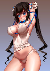 Rule 34 | 10s, 1girl, arm ribbon, armpits, arms up, as109, bare shoulders, black hair, blue eyes, blue ribbon, blush, breasts, cleavage, cleavage cutout, clothing cutout, colored eyelashes, covered erect nipples, dress, dungeon ni deai wo motomeru no wa machigatteiru darou ka, embarrassed, female focus, gloves, gradient background, hair ornament, hair ribbon, hestia (danmachi), highres, large breasts, long hair, navel, panties, rei no himo, ribbon, ringed eyes, side-tie panties, simple background, skindentation, smile, solo, tears, thong, twintails, underwear, white dress, white gloves, white panties, wide-eyed
