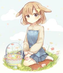 Rule 34 | 1girl, animal ears, basket, blonde hair, blue dress, blush, bow, boyano, braid, brown eyes, cloud, day, dress, easter, easter egg, egg, flower, frilled shirt collar, frills, grass, hair bow, long sleeves, original, parted bangs, parted lips, rabbit ears, rabbit girl, ribbed shirt, shirt, single braid, sitting, socks, solo, wariza, white socks, yellow bow