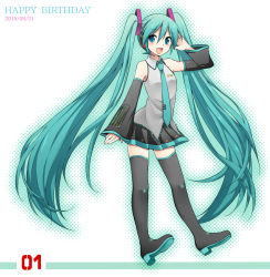 Rule 34 | 10s, 1girl, 2015, aqua eyes, aqua hair, bad id, bad pixiv id, boots, dated, detached sleeves, full body, halftone, halftone background, happy birthday, hatsune miku, headset, high heels, highres, long hair, necktie, open mouth, skirt, solo, striped, striped background, sudachi (calendar), thigh boots, thighhighs, twintails, very long hair, vocaloid