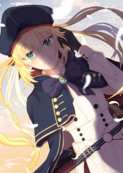 Rule 34 | 1girl, absurdres, artoria caster (fate), artoria caster (second ascension) (fate), artoria pendragon (fate), belt, beret, black gloves, blonde hair, blue belt, blush, bow, buttons, closed mouth, cloud, cloudy sky, collar, collared shirt, fate/grand order, fate (series), flower, gem, gloves, gold, gold trim, green eyes, green gemstone, hair between eyes, hand on own head, hat, highres, long hair, long sleeves, looking at viewer, multiple tails, petals, purple bow, shirt, simple background, skirt, sky, smile, solo, tail, two tails, user cexd2275, white shirt, white skirt