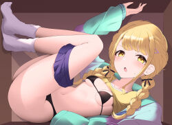 1girl absurdres black_bra black_panties black_ribbon blonde_hair blue_jacket bra braid breasts clothes_lift collarbone commentary_request fujita_kotone gakuen_idolmaster hair_ribbon highres idolmaster jacket long_hair long_sleeves looking_at_viewer open_clothes open_jacket open_mouth panties ribbon shirt_lift small_breasts socks solo sweatdrop tetori_(tetolisto) twin_braids underwear white_socks yellow_eyes