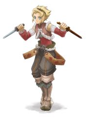 Rule 34 | 1boy, androgynous, blonde hair, blue eyes, boots, detached sleeves, dual wielding, fighting stance, full body, holding, jastersin21, knife, male focus, mice (rune factory), rune factory, rune factory 3, simple background, solo, tiara, vest, weapon, white background