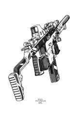 Rule 34 | absurdres, chinese text, commentary, crosshatching, dated commentary, english commentary, eotech, flip-up sight, folding stock, foregrip, greyscale, gun, hashtag, hatching (texture), highres, inktober, kriss vector, laser sight, linear hatching, monochrome, no humans, optical sight, original, perspective, signature, simple background, still life, submachine gun, suppressor, triangle, vertical foregrip, weapon, weapon focus, yiming wu
