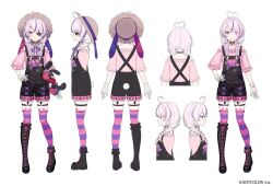 1girl ahoge asymmetrical_footwear black_choker bow braid choker commentary english_commentary eyepatch glove_bow gloves hat heart heart_ahoge horizontal-striped_thighhighs lq_saku maria_marionette maria_marionette_(3rd_costume) multicolored_hair nijisanji nijisanji_en off-shoulder_shirt off_shoulder official_alternate_costume official_alternate_hairstyle official_art one_eye_covered overall_shorts overalls pink_bow pink_shirt second-party_source shirt sir_ventrilo_(maria_marionette) straw_hat streaked_hair striped_clothes striped_thighhighs stuffed_toy thighhighs twin_braids virtual_youtuber