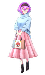 Rule 34 | 1girl, absurdres, adapted costume, alternate costume, bag, black footwear, blue shirt, boots, contemporary, eyebrows hidden by hair, full body, gogo no cochan, hair ornament, hairband, highres, holding, holding bag, komeiji satori, light smile, long skirt, long sleeves, looking at viewer, pink skirt, purple eyes, purple hair, shirt, short hair, simple background, skirt, solo, standing, touhou, unfinished, v arms, white background, wide sleeves