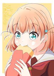 Rule 34 | 1girl, absurdres, aqua eyes, border, brown dress, character name, closed mouth, collarbone, commentary request, crepe, crossed bangs, daime (hyahhaa10), dated, dress, expressive hair, food, food in mouth, hair ornament, happy birthday, hasu no sora school uniform, highres, hinoshita kaho, holding, holding food, link! like! love live!, long sleeves, love live!, medium hair, motion lines, neckerchief, orange hair, outline, outside border, rabbit hair ornament, red neckerchief, sailor collar, sailor dress, school uniform, solo, sparkling eyes, two-handed, two side up, upper body, virtual youtuber, white border, white outline, white sailor collar, wide-eyed, winter uniform, yellow background