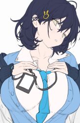 Rule 34 | 1girl, absurdres, black hair, blue archive, blue jacket, blue necktie, blush, breast suppress, breasts, cardigan, chihiro (blue archive), collarbone, flat color, freng, hair between eyes, hair ornament, head tilt, highres, id card, jacket, lanyard, large breasts, looking at viewer, necktie, off shoulder, open mouth, popped collar, shirt, short hair, simple background, sleeves past wrists, solo, upper body, watch, white background, white shirt, wristwatch, yellow eyes