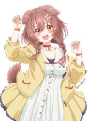 Rule 34 | 1girl, absurdres, animal ears, blush, bone hair ornament, braid, breasts, brown hair, claw pose, cleavage, collar, collarbone, cowboy shot, dog ears, dog girl, dog tail, dress, fangs, fuusuke (fusuke208), hair between eyes, hair ornament, highres, hololive, inugami korone, inugami korone (1st costume), jacket, looking at viewer, medium breasts, medium hair, open mouth, red eyes, side braids, simple background, smile, solo, tail, twin braids, twitter username, virtual youtuber, white background, white dress, wristband, yellow jacket