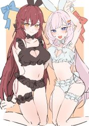 Rule 34 | 2girls, :d, animal ears, arm up, armpits, blue bow, blue eyes, border, bow, bowtie, bra, breasts, brown background, brown bow, brown bowtie, brown bra, brown hair, brown panties, cleavage, cleavage cutout, closed mouth, clothing cutout, collarbone, eden (honkai impact), elf, elysia (honkai impact), fake animal ears, frilled bra, frilled panties, frills, hair ornament, hairclip, highres, honkai (series), honkai impact 3rd, kneeling, large breasts, looking at viewer, medium breasts, multiple girls, navel, open mouth, panties, pink hair, pointy ears, rabbit ears, red bow, smile, stomach, underwear, uwu (exe oishii), white border, white bow, white bowtie, white bra, white panties, yellow eyes