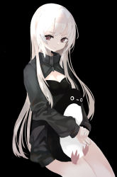 Rule 34 | 1girl, absurdres, animal, animal hug, bird, black background, black jacket, closed mouth, commentary request, highres, jacket, long hair, long sleeves, looking at viewer, ogami ren, original, own hands together, penguin, red eyes, simple background, sitting, solo, very long hair, white hair
